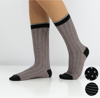 Meias clássicas com padrão, para mulher, em fibra de bambu, na cor rosa e preto. Meias frescas e suaves.