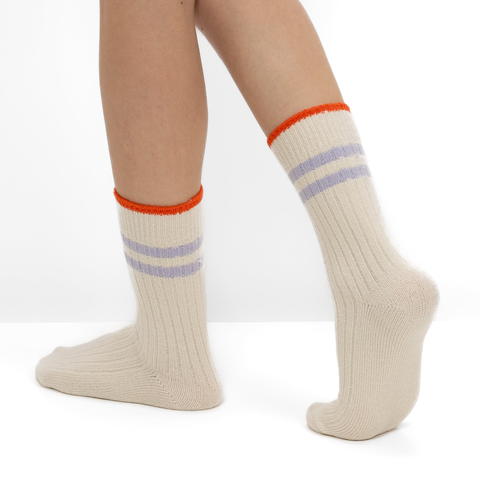 Pack 2 Pares Meias em Malha Canelada com Riscas Lilás