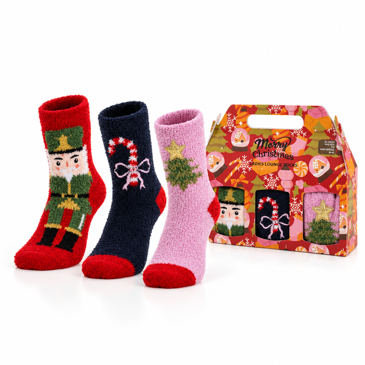 Caixa Presente de Meias de Natal • Pack 3 Pares Antiderrapantes • Merry Christmas