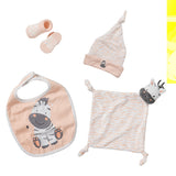 Um conjunto completo para bebés recém-nascidos, com itens suaves e seguros que tornam cada momento especial. Incluí Meias de algodão, um gorro macio, uma babete e uma nana/mantinha para dormir.