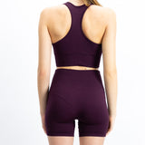 Cojunto de top e calções justos de mulher, na cor bordô, para desporto, como fitness, ginásio, corrida treinos...