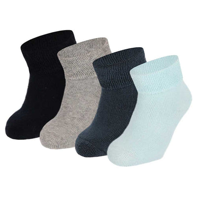 Pack de 4 meias de bebé em algodão, antiderrapantes e sem costuras, com punho dobrável unicolor. Conforto e segurança máxima para o uso diário e pés sempre quentinhos.